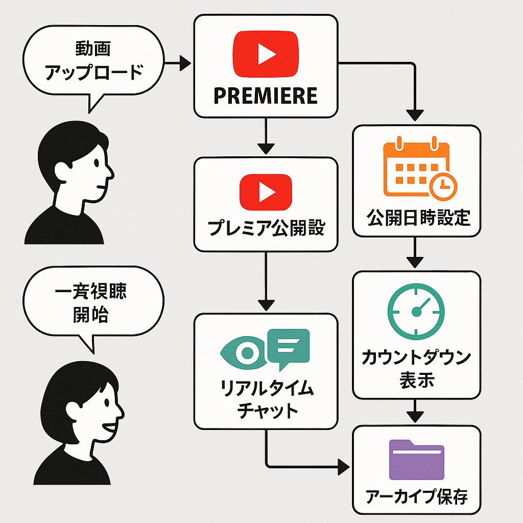YouTubeプレミア公開の仕組みを示すフローチャート