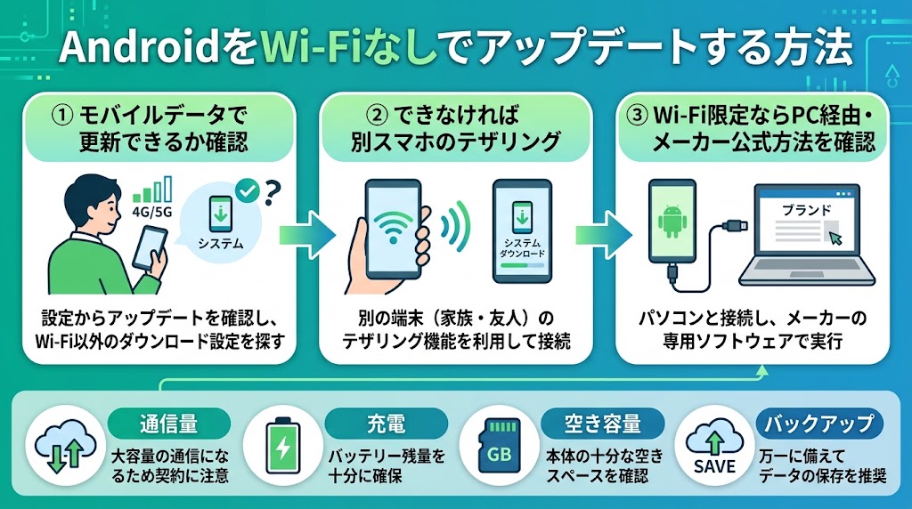 「AndroidをWi-Fiなしでアップデートする方法」を3段階で示す横長インフォグラフィック