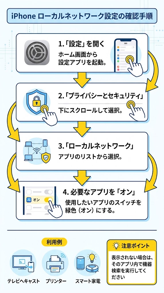 「iPhoneローカルネットワーク設定の確認手順」を1枚で理解できる縦型図解