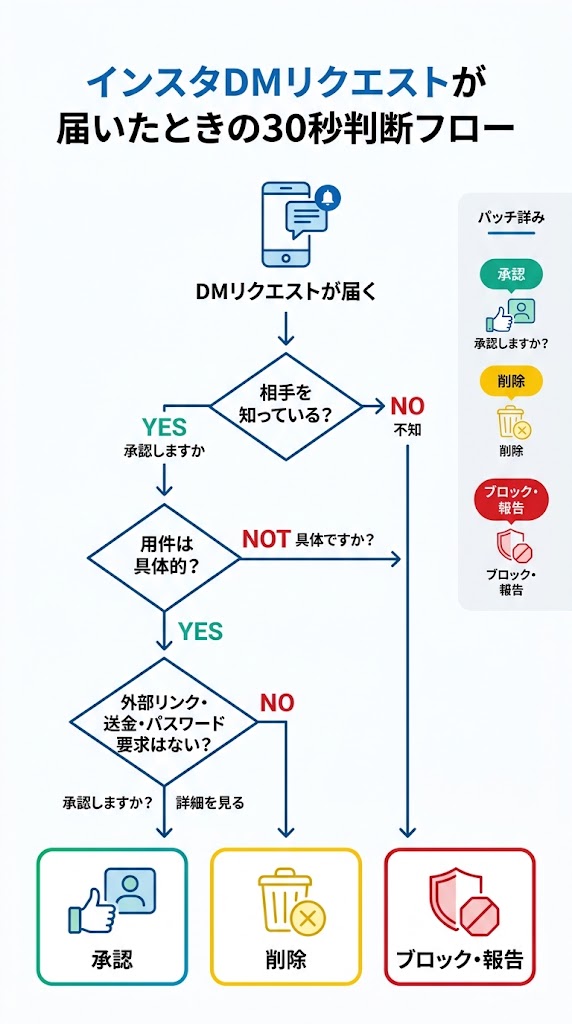 「インスタDMリクエストが届いたときの30秒判断フロー」を1枚で説明する日本語インフォグラフィック