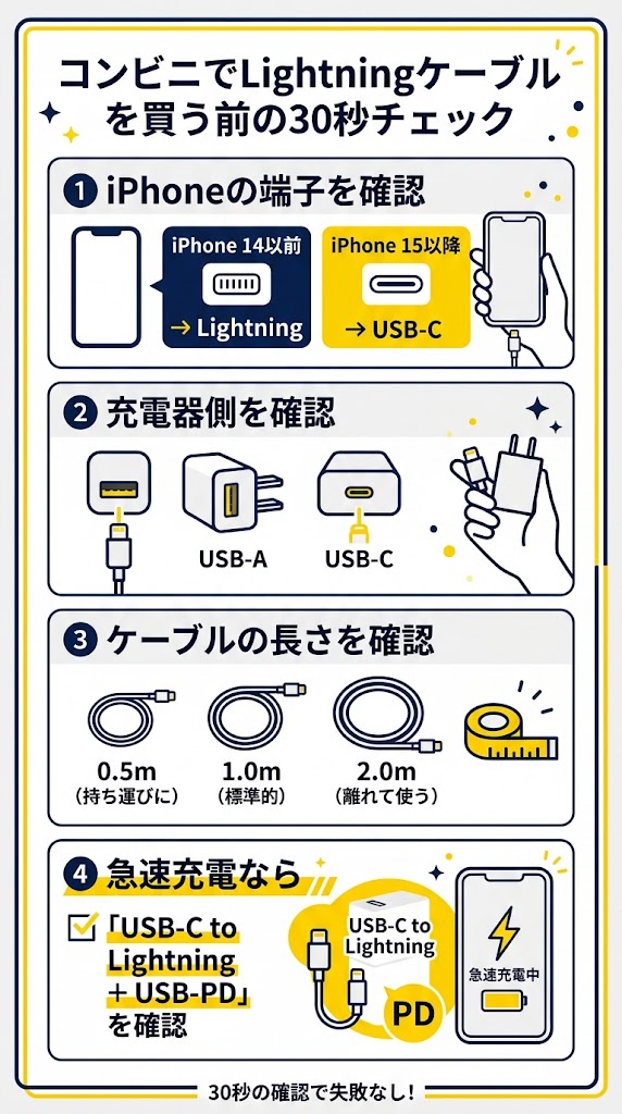「コンビニでLightningケーブルを買う前の30秒チェック」をテーマにした縦型インフォグラフィック