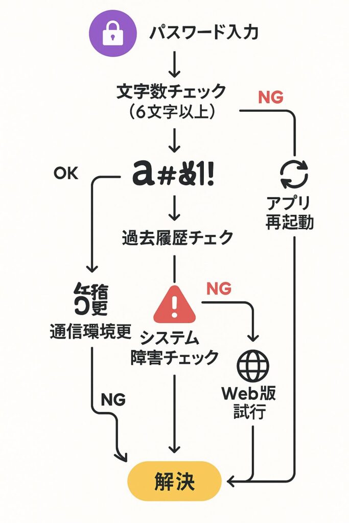 インスタグラムのパスワード設定トラブル解決フローチャート