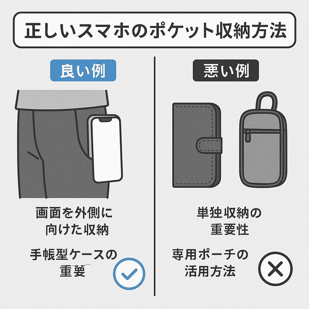 正しいスマホのポケット収納方法を示すイラスト