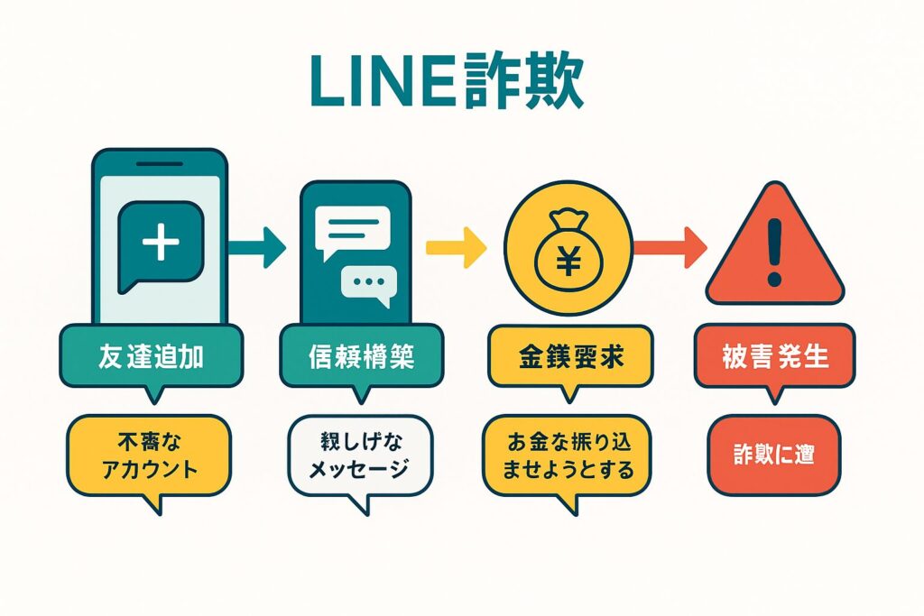 LINE詐欺の手口を段階的に示すフローチャート図解