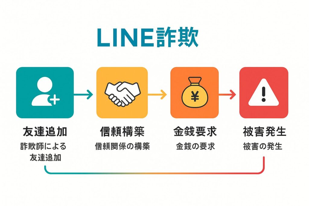 LINE詐欺の流れを示すフロー図