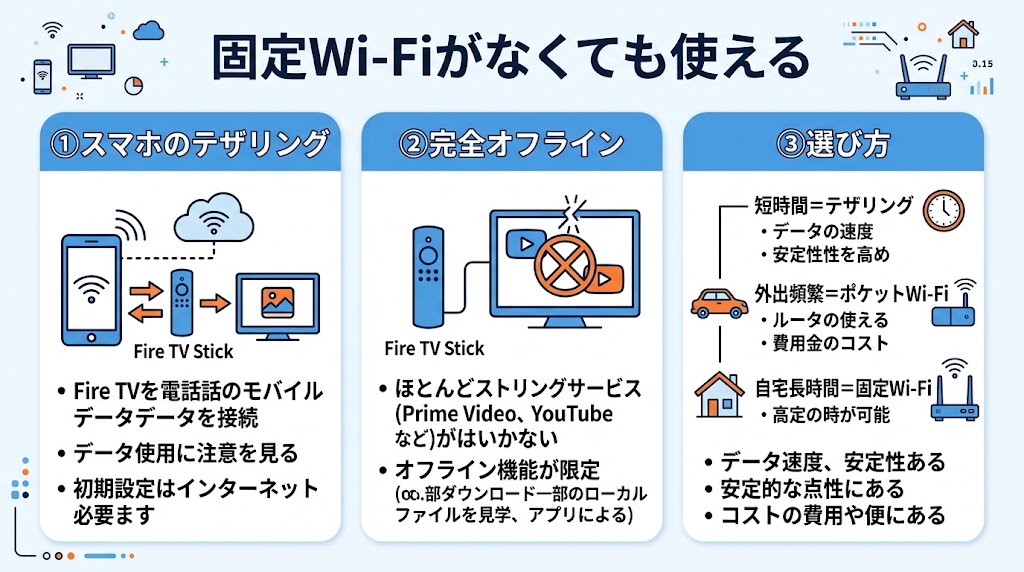 「Fire TV StickをWi-Fiなしで使う方法」の要点を1枚にまとめた日本語インフォグラフィック