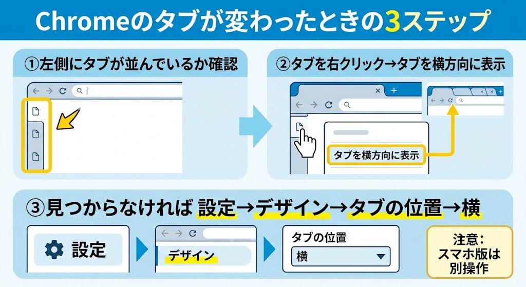 「Chromeのタブが変わったときの3ステップ」を1枚で説明する日本語インフォグラフィック