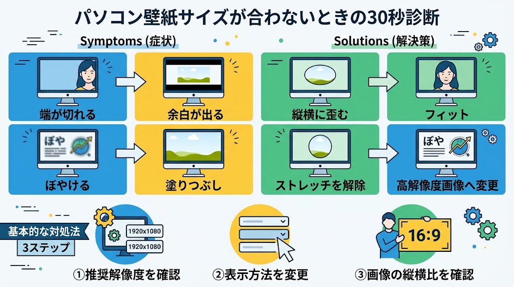 「パソコン壁紙サイズが合わないときの30秒診断」をテーマにした横長インフォグラフィック