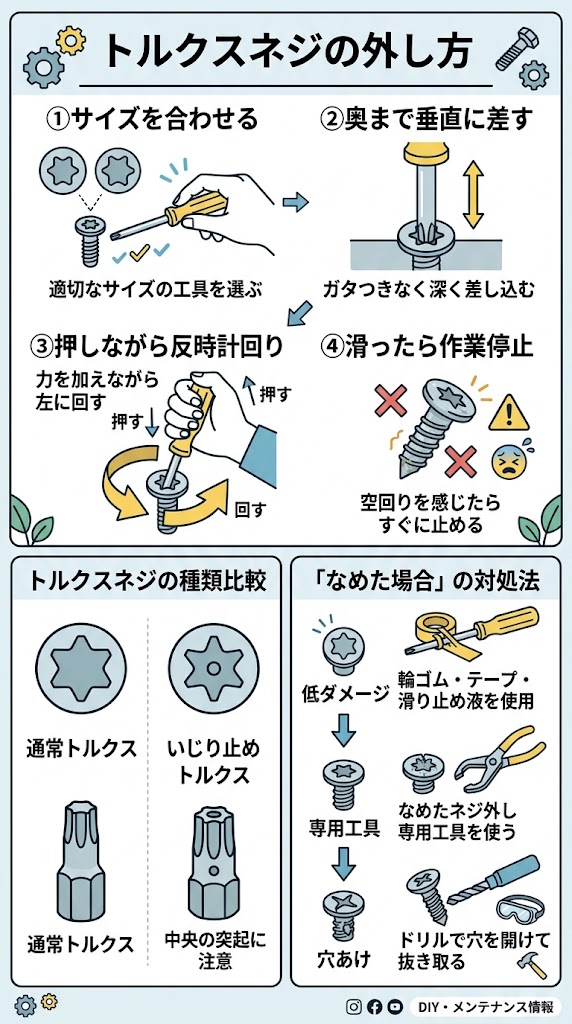 「トルクスネジの外し方」を説明する日本語インフォグラフィック