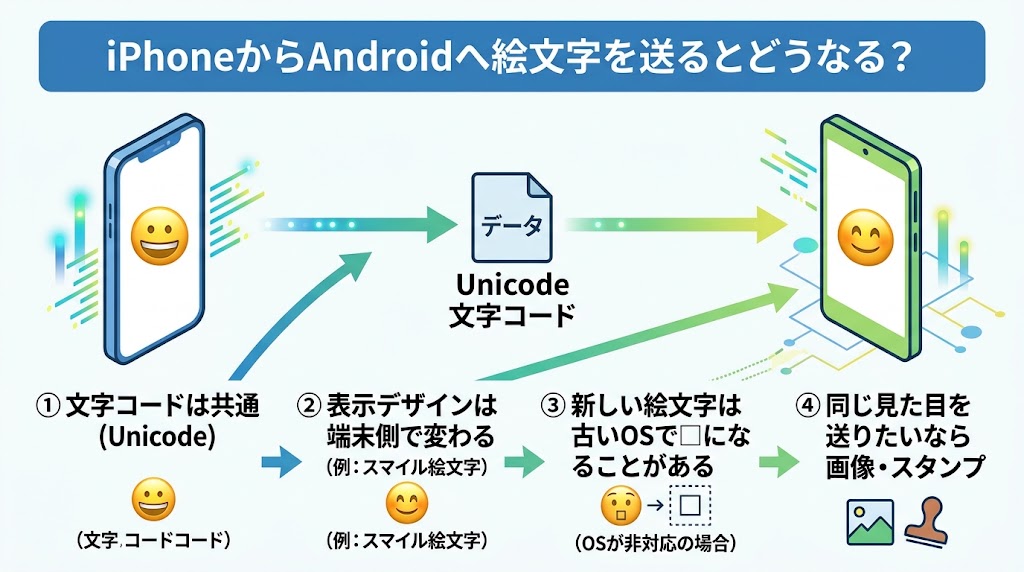 「iPhoneからAndroidへ絵文字を送るとどうなる？」を説明する横長インフォグラフィック
