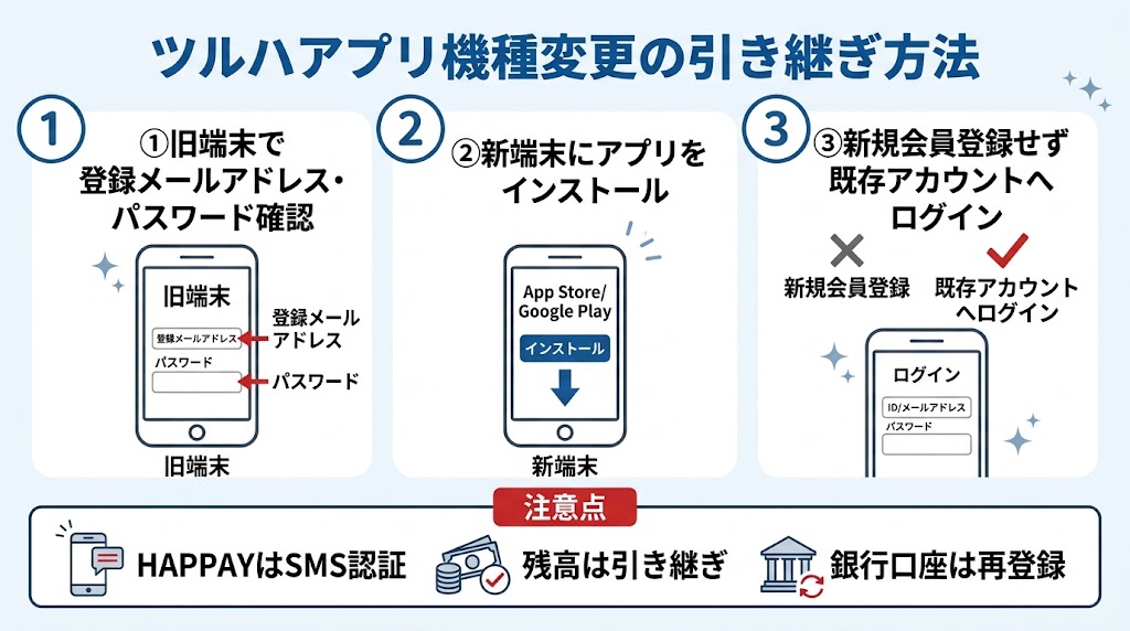 「ツルハアプリ機種変更の引き継ぎ方法」を3ステップで説明する横長インフォグラフィック