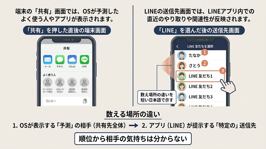 左に「共有を押した直後の端末画面」、右に「LINEを選んだ後の送信先画面」を配置
