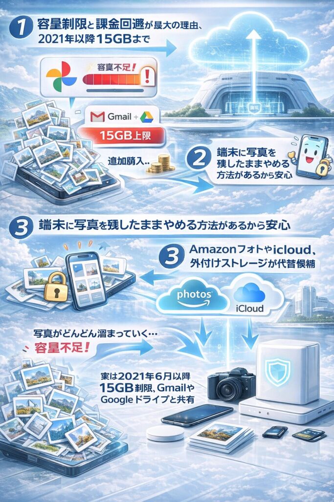 Googleフォトをやめる具体的な手順から、端末に写真を残したままクラウドだけ削除する方法、さらには代替サービスまで