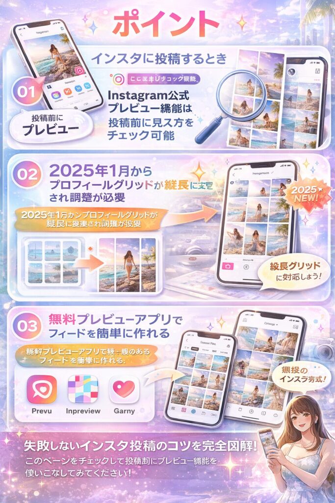 Instagram公式のプレビュー表示機能から、2025年に変更されたグリッド調整機能、さらに無料で使えるおすすめアプリまで
