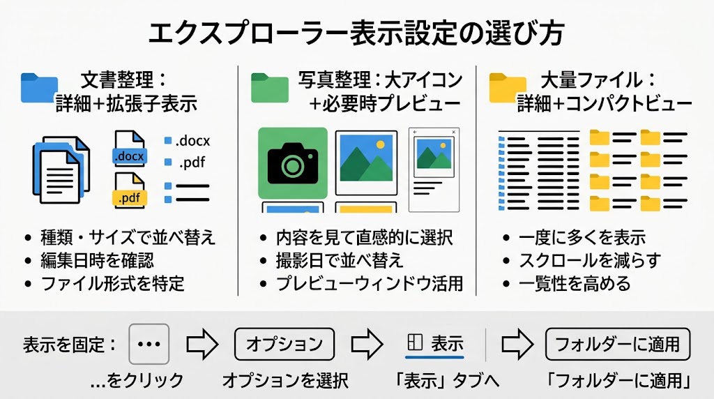 Windows 11エクスプローラーの表示設定を1枚で理解できる横長の日本語インフォグラフィック