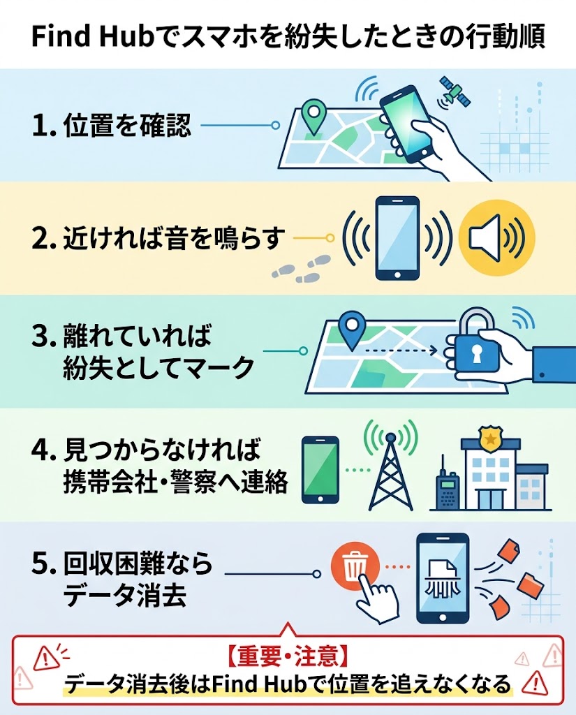 「Find Hubでスマホを紛失したときの行動順」を1枚で理解できる日本語インフォグラフィック