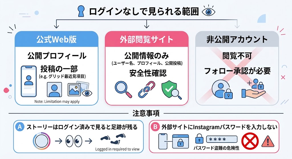 「Instagramをログインせずに見る方法」を1枚で理解できる日本語インフォグラフィック