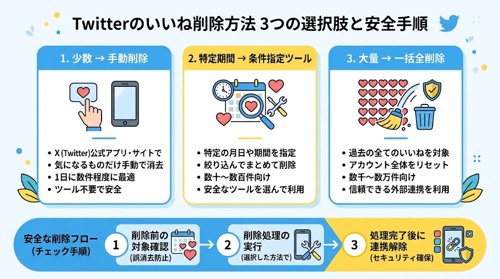 「Twitterのいいね削除方法」を3択で整理