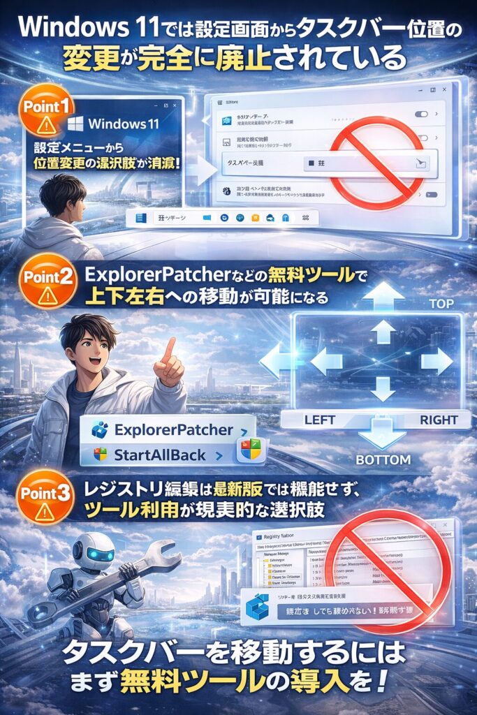 なぜタスクバーの位置が変更できなくなったのか、そして実際に位置を変える3つの方法