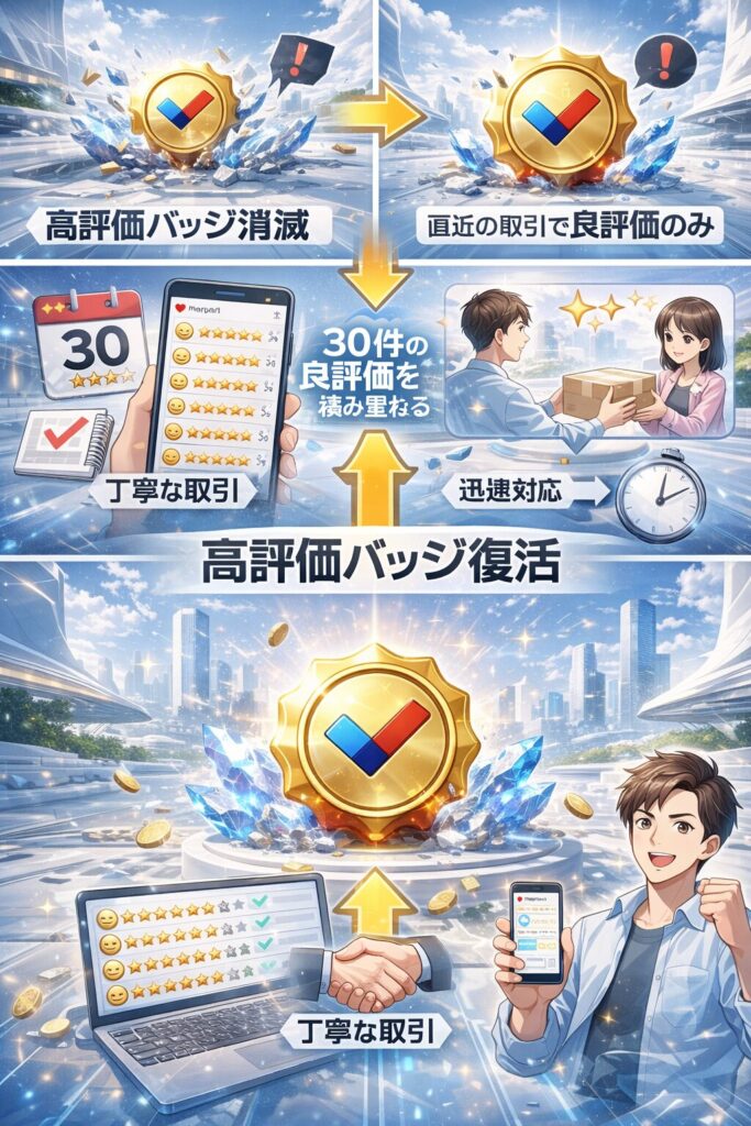 メルカリ公式ガイドと実際のユーザー検証データをもとに、高評価バッジを復活させる具体的な方法