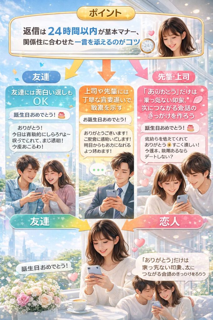 誕生日LINEへの返事の基本マナーから関係性別の例文、面白い返し方まで