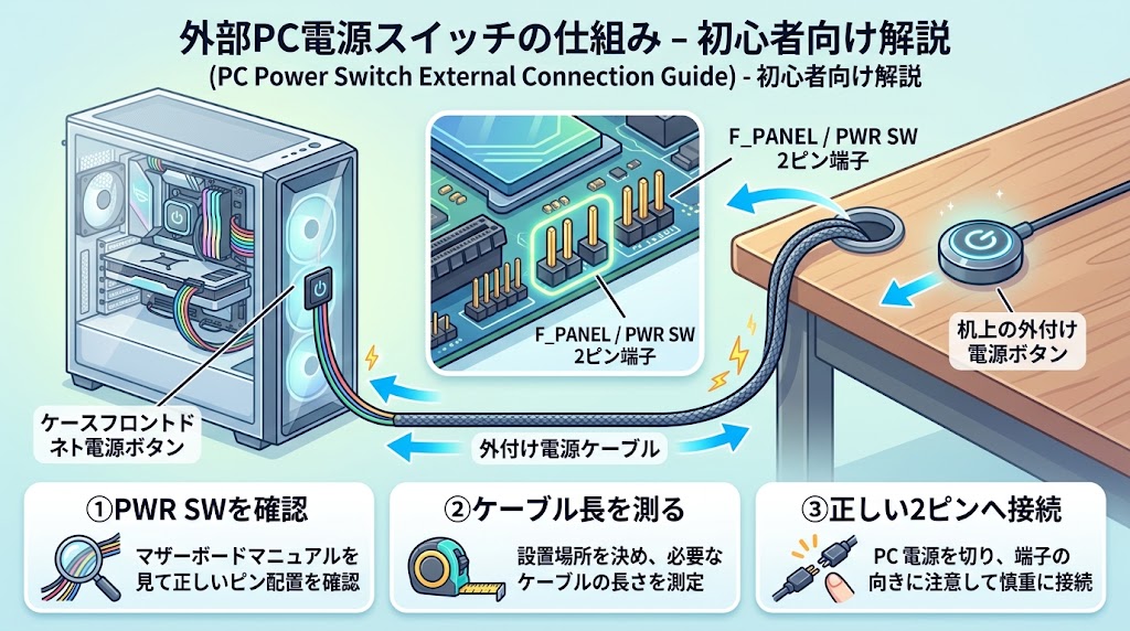 PC電源スイッチ外付けの仕組みを初心者向けに説明する横長インフォグラフィック