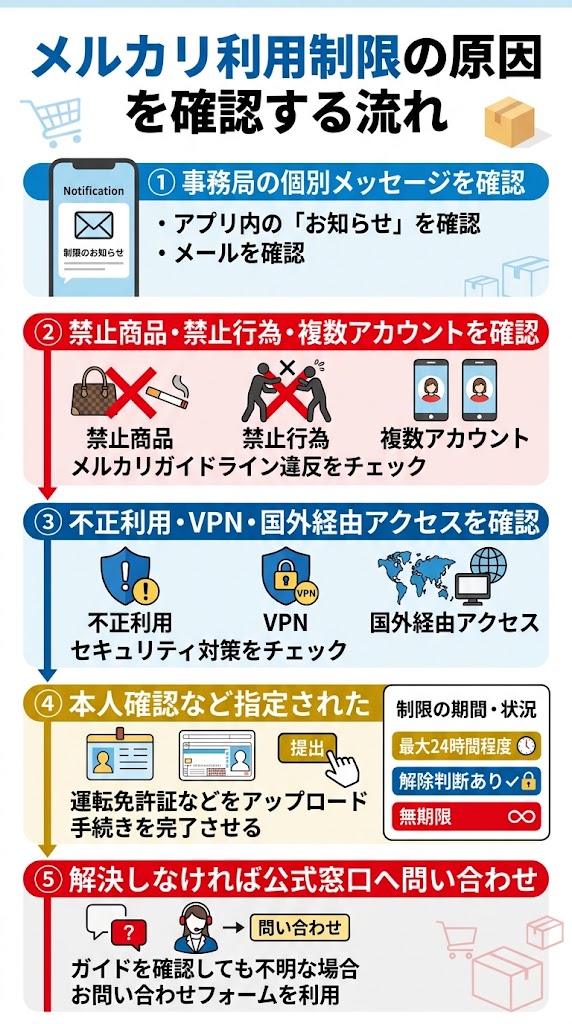 「メルカリ利用制限の原因を確認する流れ」を1枚で説明する縦型インフォグラフィック