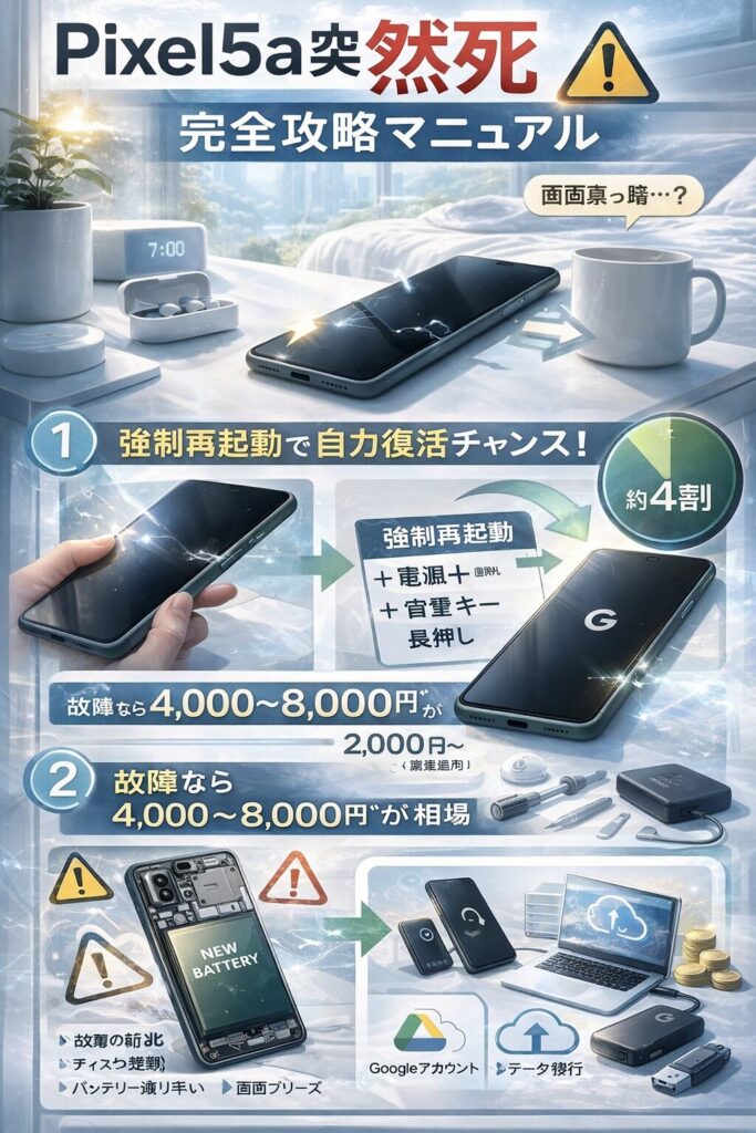 Pixel5aのブラックアウトは強制再起動で約4割が自力復活できる