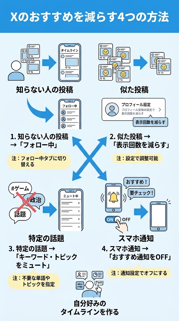 X（旧Twitter）で不要なおすすめを減らす方法を1枚で説明する日本語インフォグラフィック