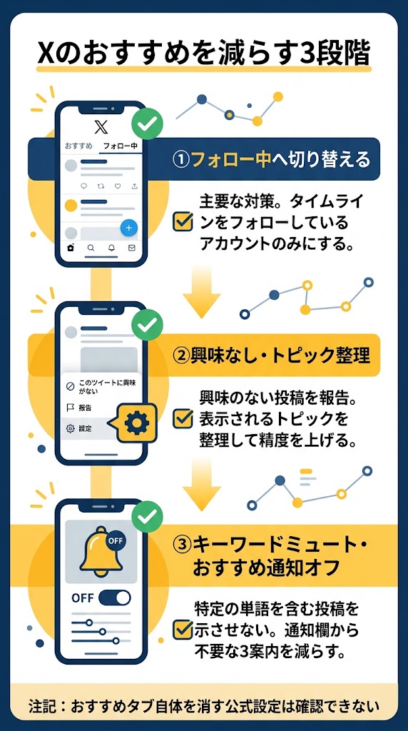「Xのおすすめを減らす3段階」を1枚で説明する縦型図解