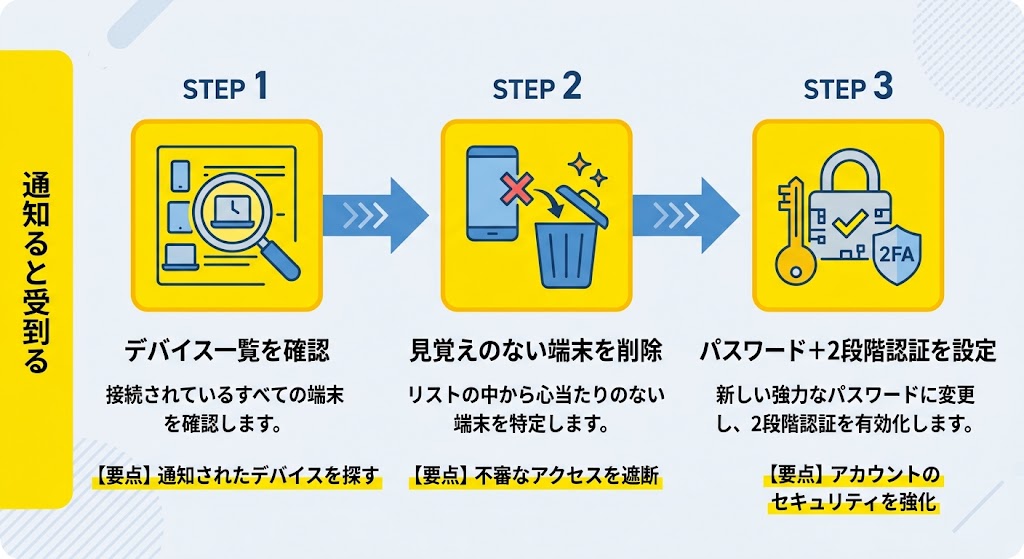 「通知が来たときの対応フロー」を3ステップの横並び図解