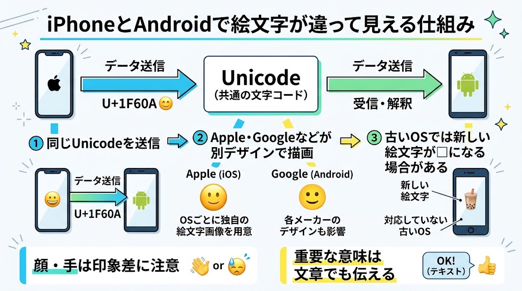 『iPhoneとAndroidで絵文字が違って見える仕組み』を説明する横長インフォグラフィック