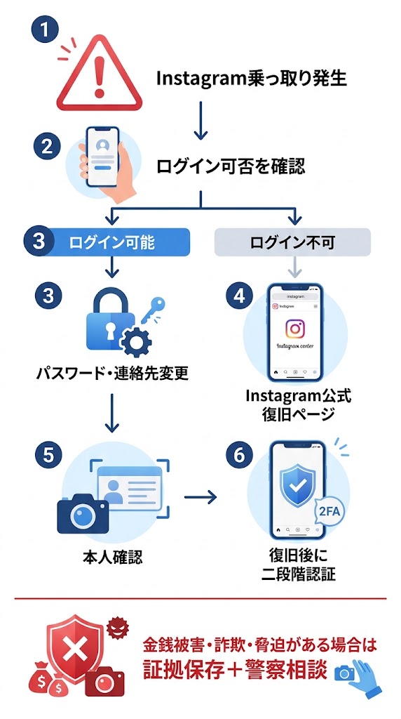 Instagram乗っ取り発生→ログイン可否を確認→ログイン可能ならパスワード・連絡先変更→ログイン不可ならInstagram公式復旧ページ→本人確認→復旧後に二段階認証
