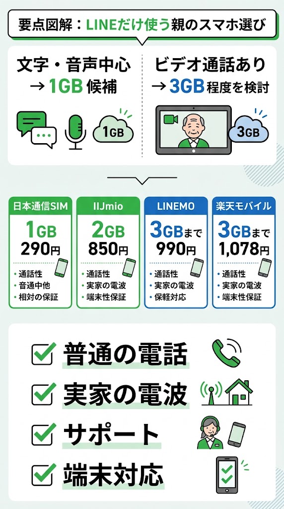 「LINEだけ使う親のスマホ選び」を1枚で説明する縦長インフォグラフィック