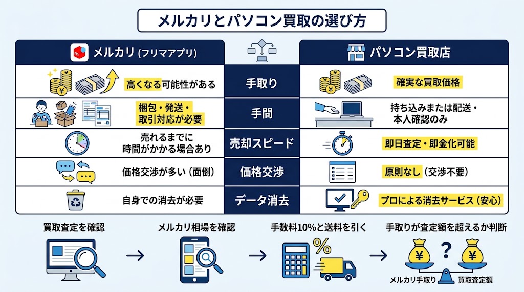 「メルカリとパソコン買取の選び方」を説明する横長の比較図解