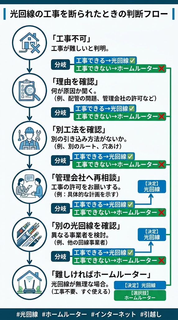 「光回線の工事を断られたときの判断フロー」を1枚の図解