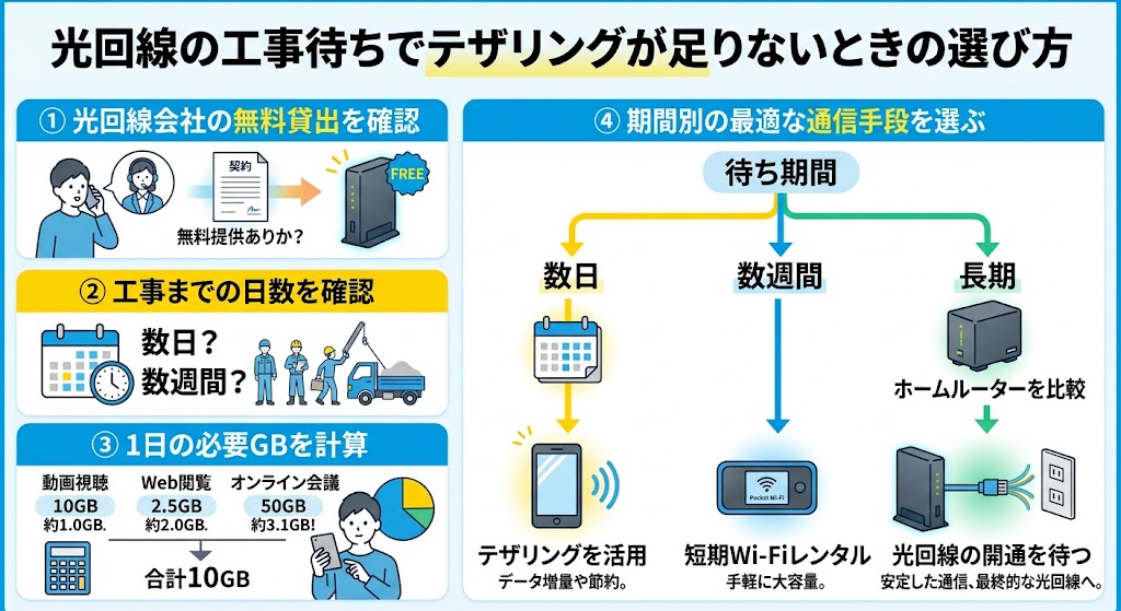 「光回線の工事待ちでテザリングが足りないときの選び方」を説明する日本語インフォグラフィック