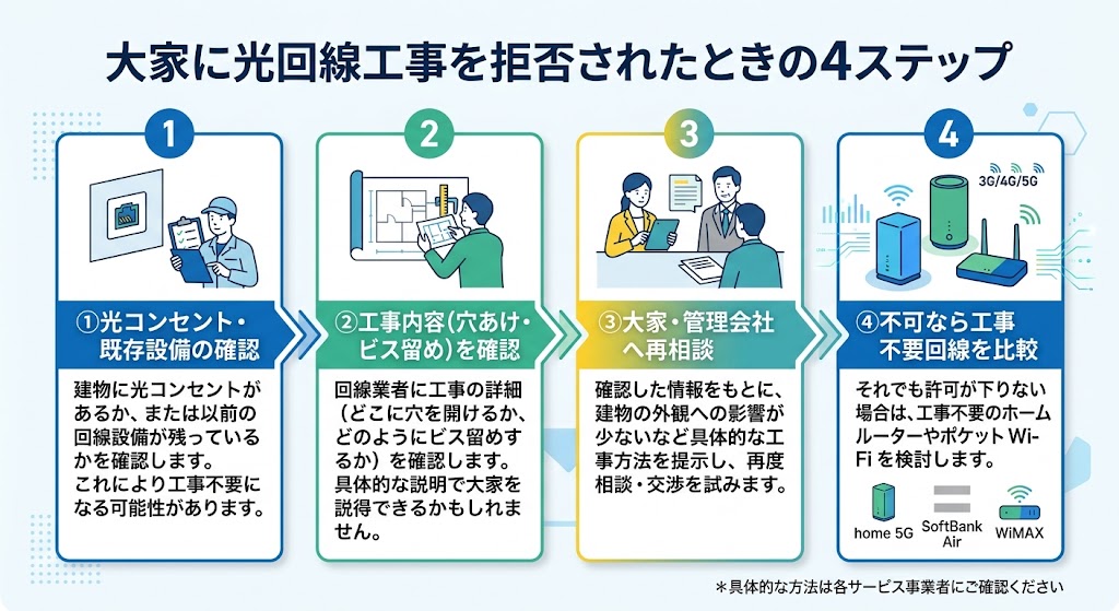 「大家に光回線工事を拒否されたときの4ステップ」を横方向フローで図解