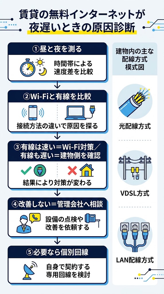 「賃貸の無料インターネットが夜遅いときの原因診断」を1枚で説明する日本語インフォグラフィック
