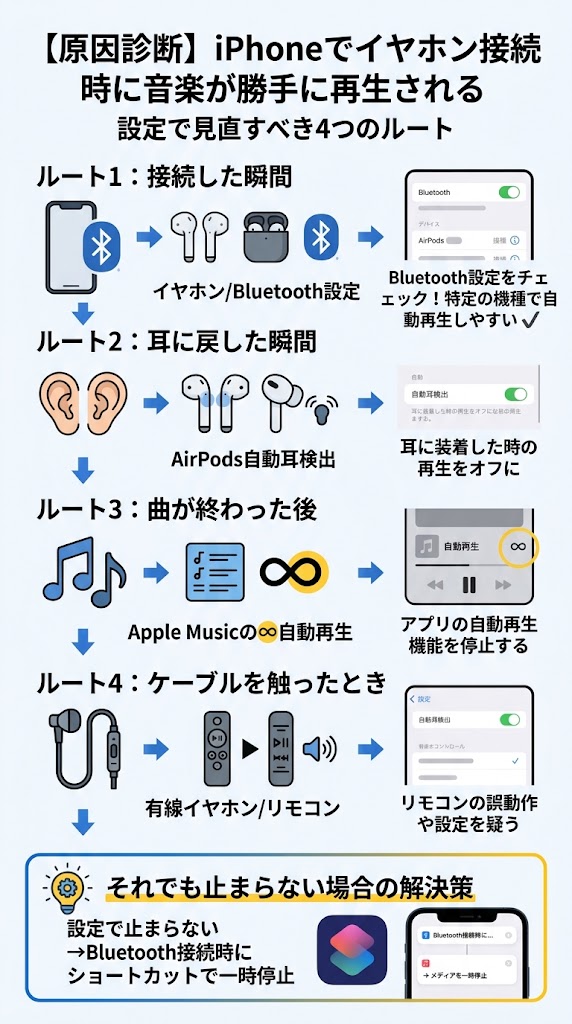 『iPhoneでイヤホン接続時に音楽が勝手に再生される原因診断』の日本語インフォグラフィック