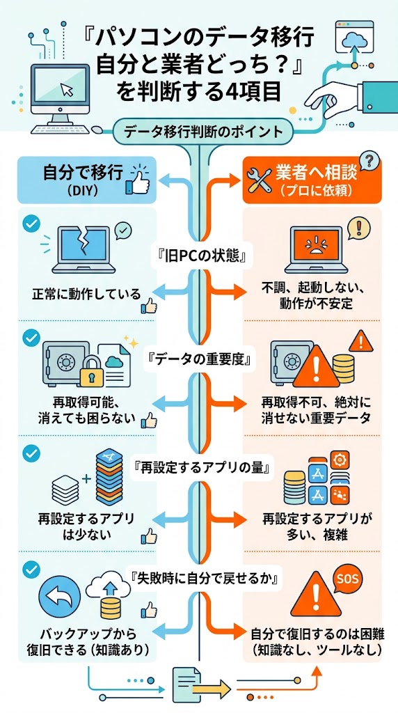 『パソコンのデータ移行 自分と業者どっち？』を判断する4項目の日本語インフォグラフィック