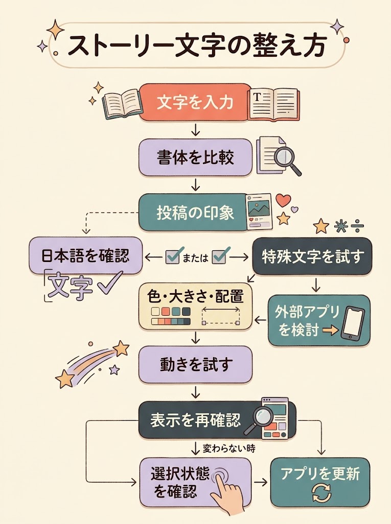 ストーリーの文字を整える流れと、表示トラブル時の確認手順を俯瞰する図解