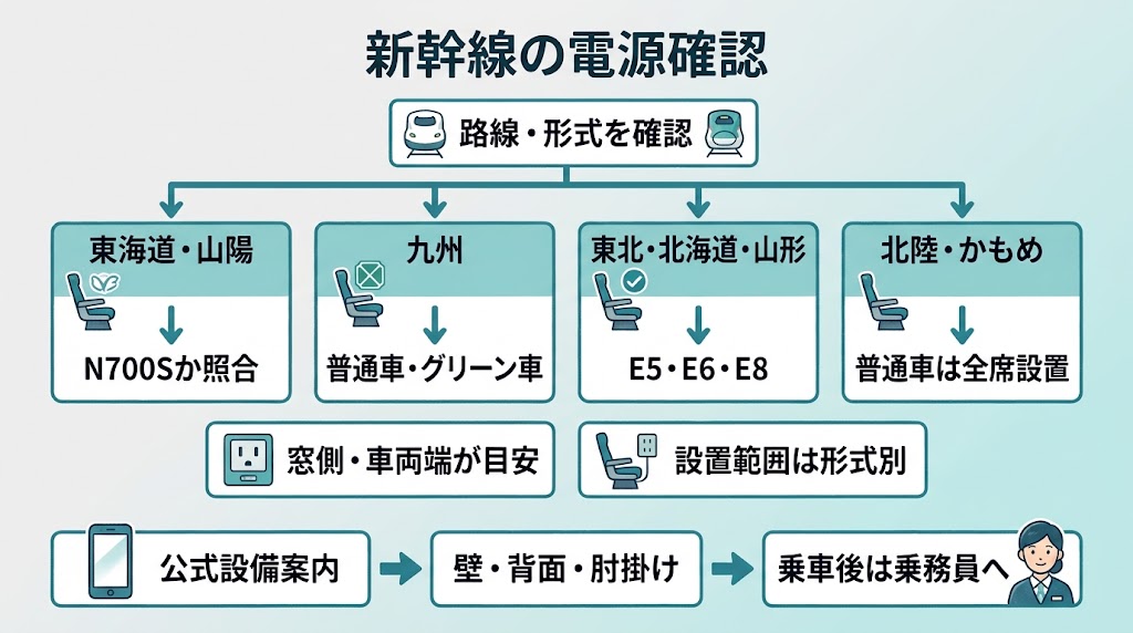 新幹線のコンセントを確認する流れと車両ごとの違いを俯瞰できる横長の図解